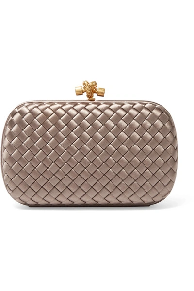 Bottega Veneta Intrecciato Woven Satin Chain Knot Clutch In Grey