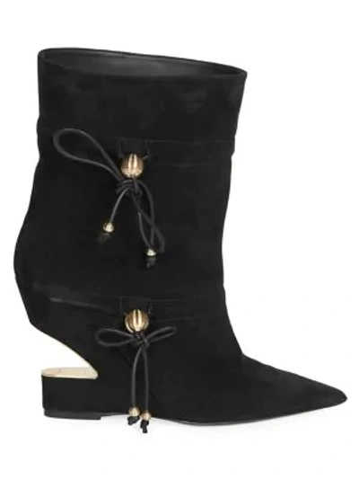 Balmain Women's Maya Drawstring Suede Wedge Boots In Black