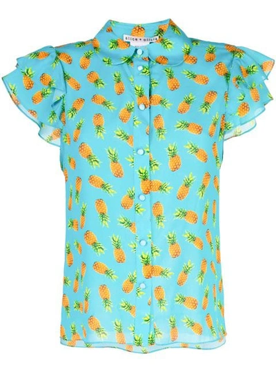 Alice And Olivia Ziggy Pineapple-print Button-down Ruffle Cap-sleeve Blouse In Pineapple Marine Blue