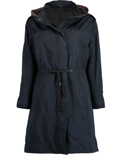 Brunello Cucinelli Taffeta Zip-front Hooded Coat In Dark Blue