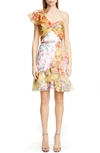 MARCHESA NOTTE FLORAL PRINT ONE-SHOULDER COCKTAIL DRESS,N31C0946