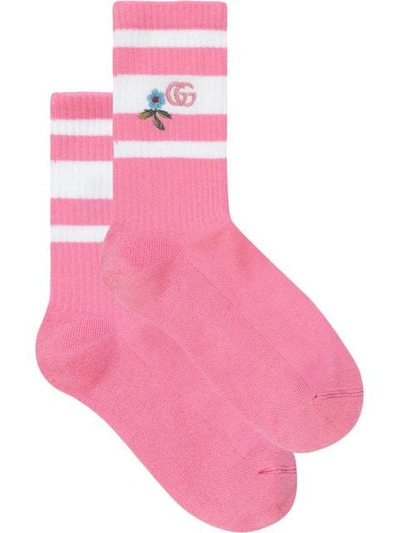 Gucci Embroidered Flower & Double-g Logo Socks In Pink
