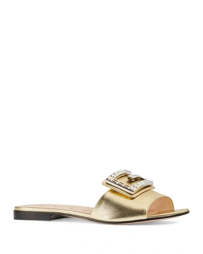 Gucci Leather Madelyn Strass Slides In Gold