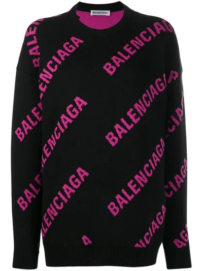 Balenciaga Oversized Intarsia Cotton-blend Jumper In Black,pink