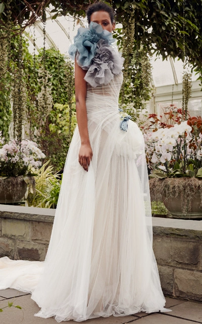 Vera Wang Delphinium One Shoulder French Tulle Gown In White | ModeSens