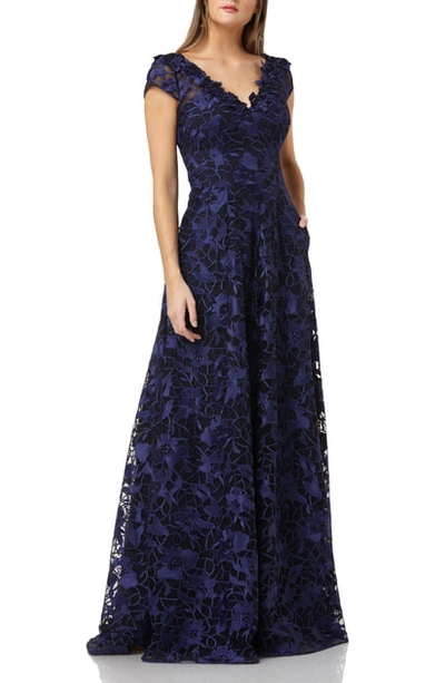 Carmen Marc Valvo Infusion Embroidered Gown In Navy/ Cobalt