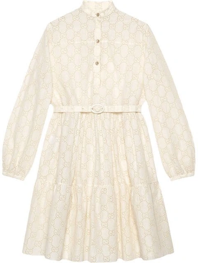 Gucci Micro Gg Broderie Anglaise Long Sleeve Dress In Ivory