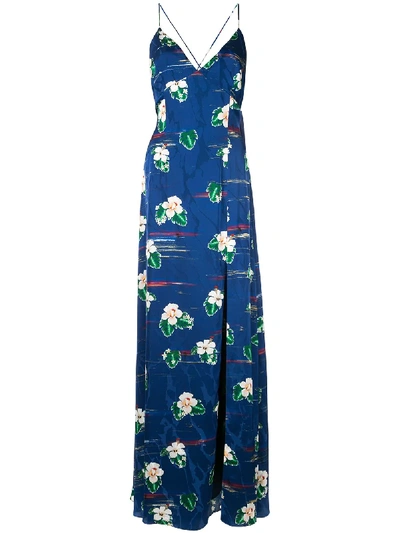 Racil Hawaiian Floral-print V-neck Strappy Gown In Blue