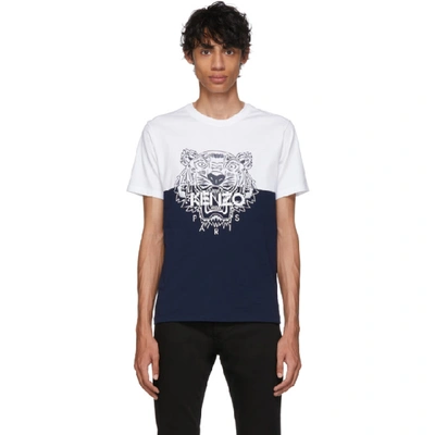 Kenzo White And Navy Limited Edition Colourblock Tiger T-shirt In 77 Navy