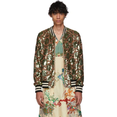Gucci Men's Logo-embroidered Sequined Bomber Jacket In Beige
