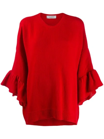 Valentino Ruffled-cuff Virgin Wool-blend Sweater In Red
