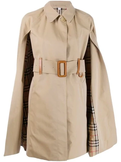 Burberry Leather Detail Cotton Gabardine Belted Cape In A1366 Honey