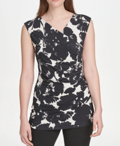 Dkny Printed Ruched-side Top In Ivory Black Multi