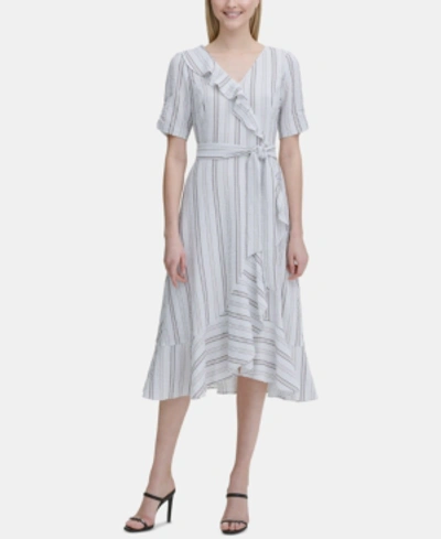Calvin Klein Printed Ruffled Faux-wrap Dress In Soft White
