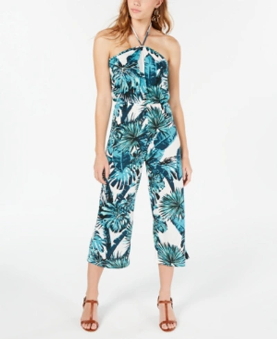 Almost Famous Juniors' Halter-tie Jumpsuit In Green Palm
