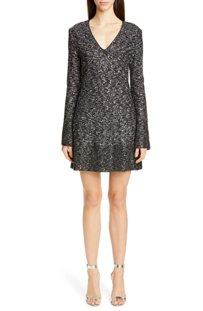 St John V-neck Long-sleeve Bejeweled Evening Texture Knit Dress W/ Chain Trim In Galaxy Blue Multi