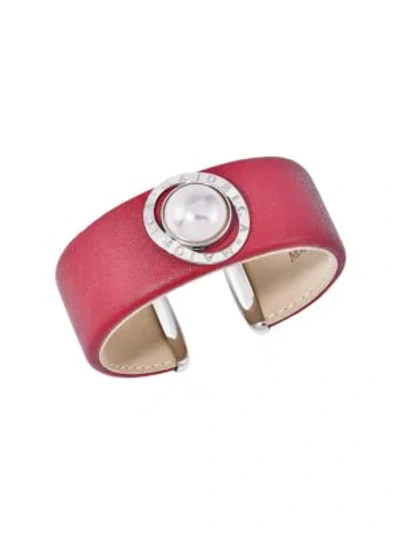 Majorica Women's Stainless Steel, Leather & 14mm White Mabe Man-made Pearl Cuff In Red