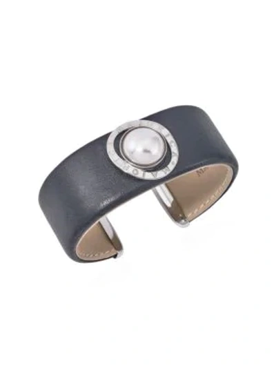 Majorica Women's Stainless Steel, Leather & 14mm White Mabe Man-made Pearl Cuff In Black