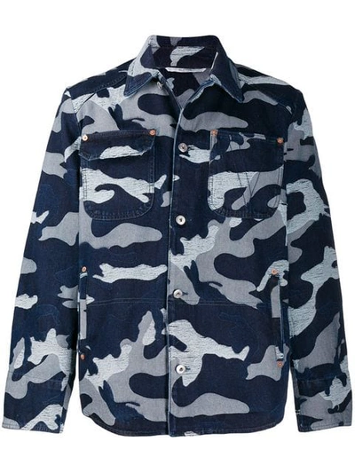 Valentino Camouflage-jacquard Distressed Denim Jacket In Navy