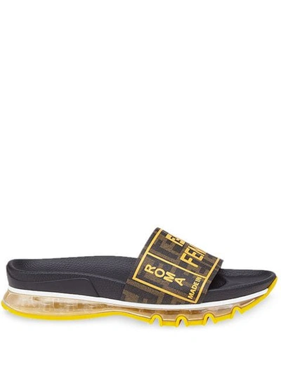 Fendi Ff Logo Slides In Black,brown,yellow