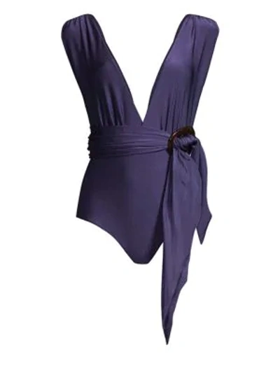 Patbo Solid Belted Plunge One-piece Swimsuit In Navy