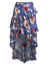ALICE AND OLIVIA Mariel Floral Asymmetric Tiered Ruffle High-Low Midi Skirt