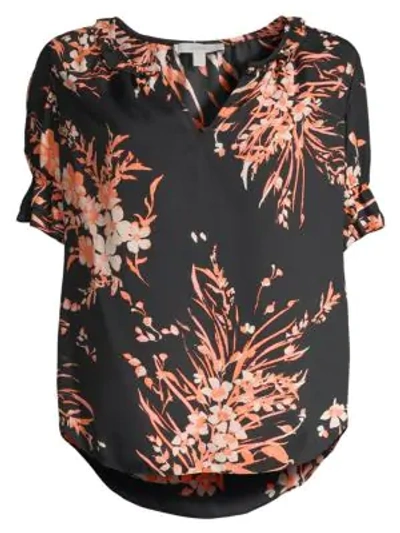 Joie Arlinda Floral Ruffle Sleeve Chiffon Blouse In Caviar