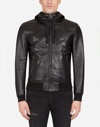 DOLCE & GABBANA LEATHER JACKET WITH HOOD AND BRANDED TAG