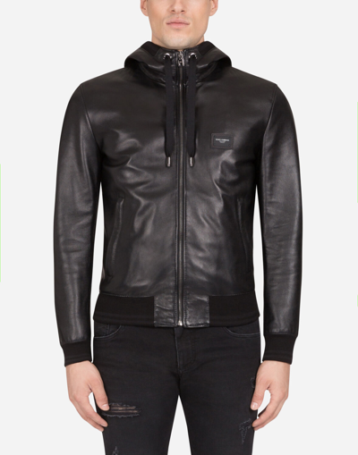 DOLCE & GABBANA LEATHER JACKET WITH HOOD AND BRANDED TAG