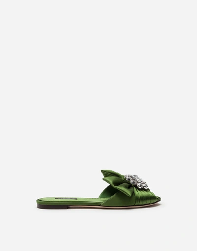 Dolce & Gabbana Satin Sliders With Bejeweled Detail In Green