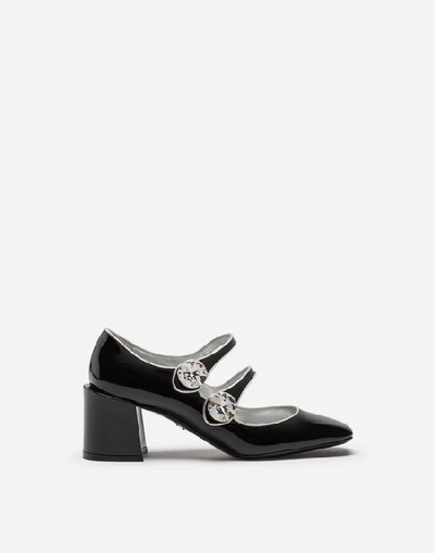 Dolce & Gabbana Patent Leather Mary Janes With Bejeweled Button In Black