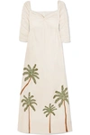 AGUA BY AGUA BENDITA AMERICA RUCHED EMBROIDERED LINEN MAXI DRESS