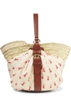 CHLOÉ PANIER LEATHER-TRIMMED PRINTED TWILL AND WOVEN RAFFIA TOTE