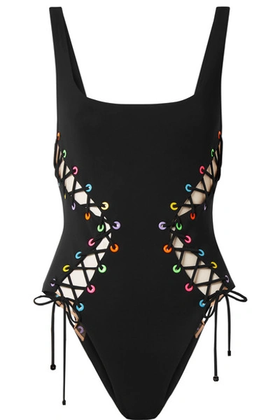 Agent Provocateur Marney Mesh-trimmed Lace-up Swimsuit In Black