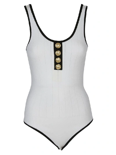 Balmain Button-detailed Ribbed Stretch-knit Bodysuit In White