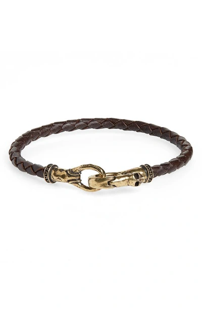John Varvatos Collection Braided Brown Leather Brass Bracelet In Brown/gold