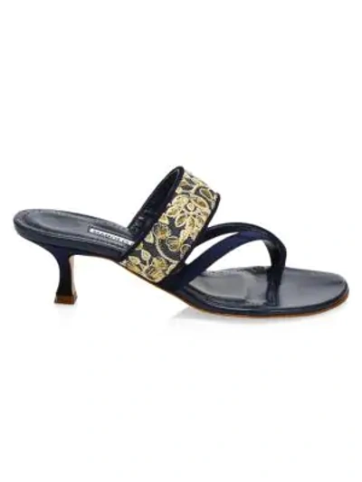 Manolo Blahnik Women's Susamour Floral-embroidered Thong Sandals In Navy