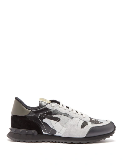 Valentino Garavani Rockrunner Camouflage Leather And Suede Trainers In Black