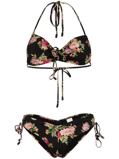 Zimmermann Honour Ruched Floral-print Bikini In Black