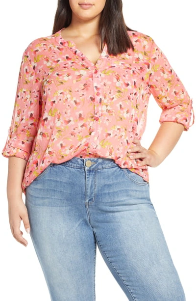 Kut From The Kloth Jasmine Roll Sleeve Top In Blossom Journey Strawberry