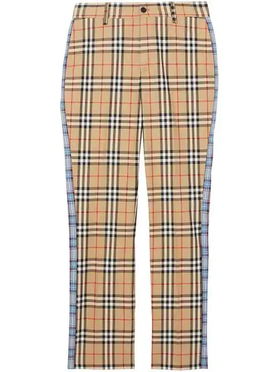 Burberry Straight Fit Contrast Check Cotton Trousers In Neutrals