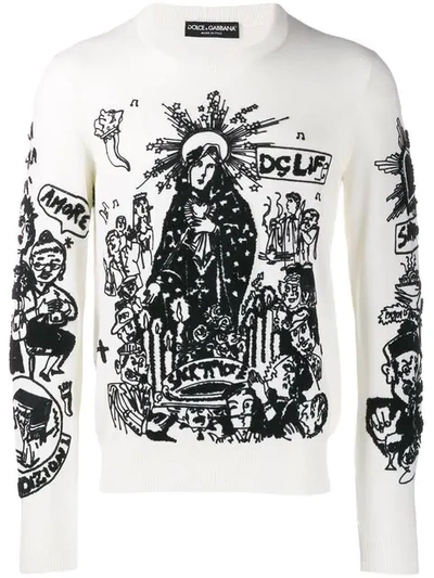 Dolce & Gabbana Graphic Embroidered Virgin Mary 'amore' Sweatshirt In Neutrals