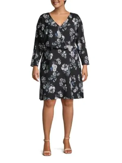 Adrianna Papell Plus Floral Long-sleeve Wrap Dress In Black Multi
