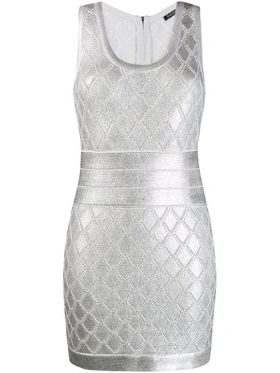 Balmain Sleeveless Metallic Scale-knit Cocktail Dress In Yay Argento/bianco