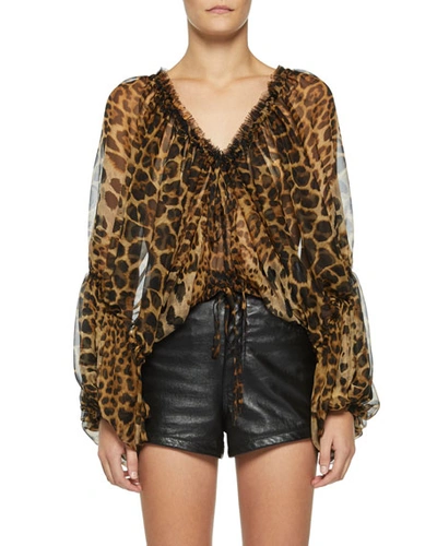 Saint Laurent Gathered Leopard-print Silk-chiffon Blouse In Brown