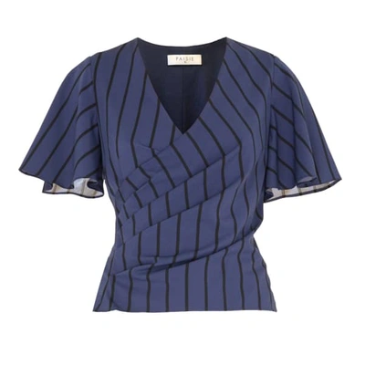 Paisie Striped Wrap Top With Flared Sleeves In Navy And Black