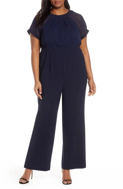 Vince Camuto Chiffon Sleeve Crepe Jumpsuit In Navy