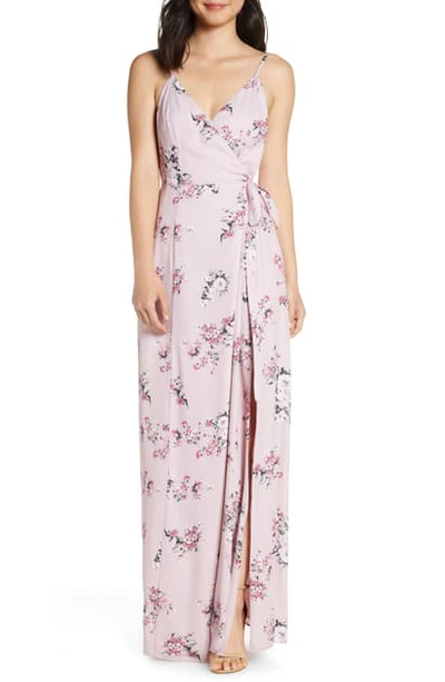 Wayf The Angelina Slit Wrap Gown In Nude Rose Floral