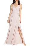 Wayf The Angelina Slit Wrap Gown In Nude Rose