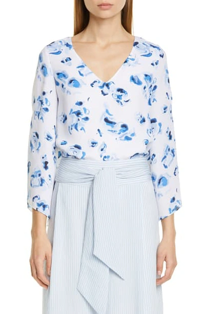 Club Monaco Orie Floral Bell Sleeve Top In Blue/ White Floral